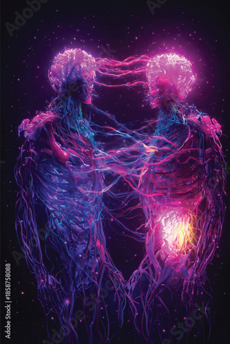 Vector Illustration of Two Glowing Human Figures Connected by Neural Pathways; Abstract Metaphysical Art Representing Soul Connection, Energy Flow, and Spiritual Love in Neon Pink and Purple Tones.
