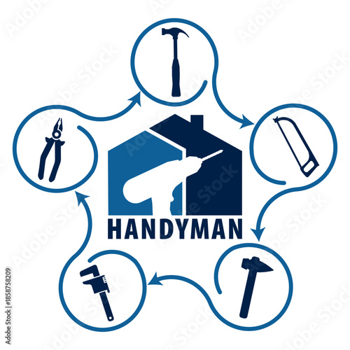 Handyman concept in blue. Professional services of a universal foreman. Workshop, repairman services, carpenter, any type of repair of home: hammer, pliers, wrench, saw. Vector EPS10.