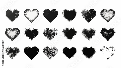 A collection of distressed, grunge heart shapes with a spray paint texture, perfect for various artistic and decorative applications