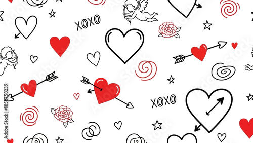 Seamless hand-drawn pattern for Valentine's Day featuring a charming collection of hearts, arrows, roses, and Cupid doodles, perfect for romantic backgrounds and designs