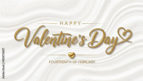 Happy Valentine's Day elegant script text with decorative heart and soft flowing fabric background