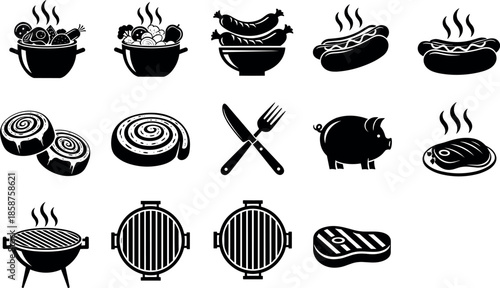 Barbecue Grill and Meat Icons Set featuring Sausages Hot Dogs Steaks Pork and Cooking Equipment for BBQ Restaurant Menu and Branding