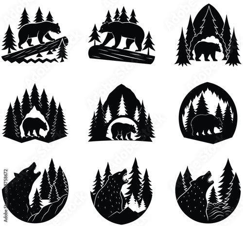 Bear Silhouette Forest Logo Designs, Black and White Vector Illustrations