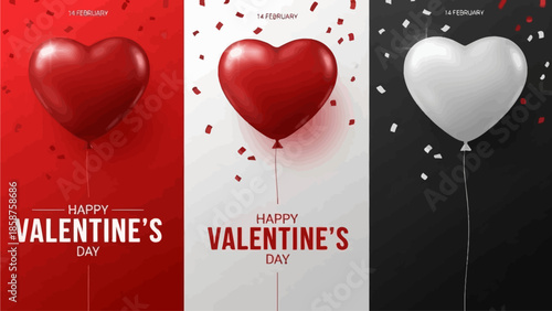 Happy Valentine's Day Banners with Red and White Heart Balloons Floating Amidst Confetti for Romantic Celebrations