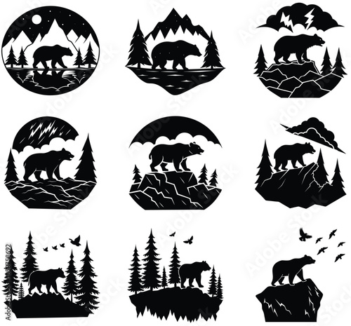 Bear Silhouette Illustrations in Various Nature Scenes Vector