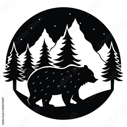 Bear Silhouette Night Scene with Mountains and Trees Vector Illustration