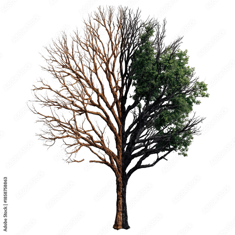 Obraz premium Tree split vertically showing one side scorched and other side green leaves, symbolizing contrast and change