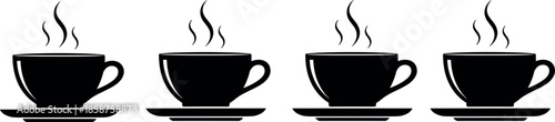 Black and white minimalist coffee cup icons with steam on saucers set in a row for cafe menu and branding.