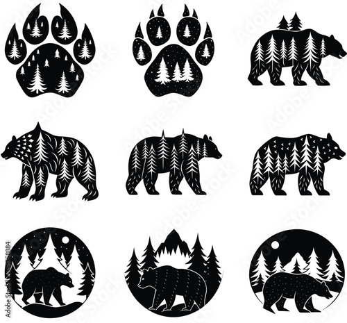 Black Bear Silhouette Designs with Trees Vector Illustration