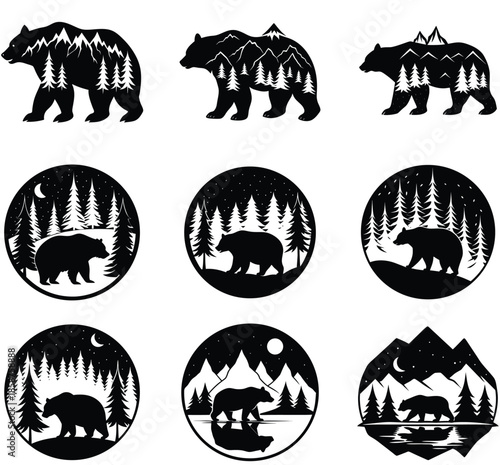 Black Bear Silhouette Vector Illustrations with Mountains and Trees