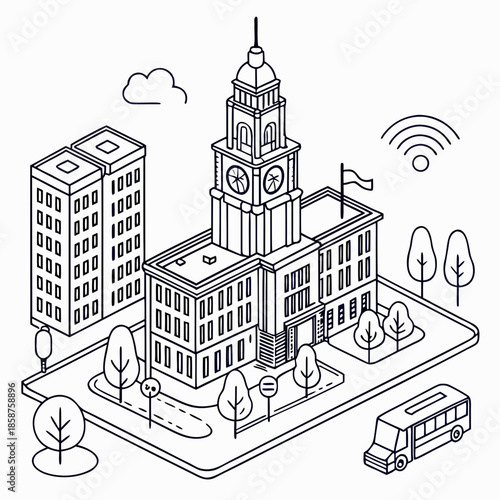 City hall with surrounding buildings and bus
