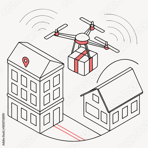 Drone delivering package to residential area
