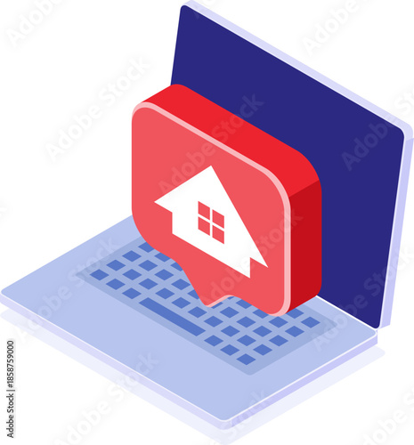 Digital Home Alert Isometric Laptop with Red House Icon Notification Symbolizing Online Property Search and Real Estate Updates