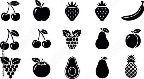 Black Flat Vector Fruit Icons Set Including Apple Banana Cherry Strawberry Grapes Pineapple Avocado Pear Peach and Raspberry Silhouette Collection