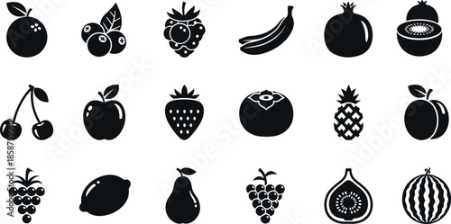 Black Fruit Icon Set Flat Vector Illustration Featuring Apple Banana Strawberry Orange Grape Pineapple Watermelon Lemon Cherry Pear Kiwi Isolated