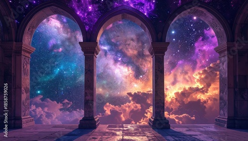 Majestic Arches Frame Vibrant Cosmic Nebula and Dramatic Sunset Clouds Over Reflective Ground