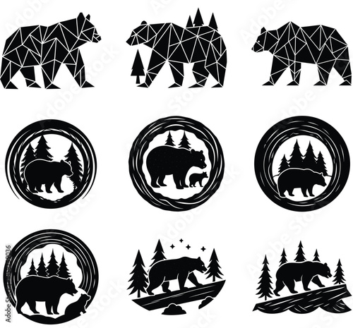 Geometric Bear Silhouette Vector Illustrations Set