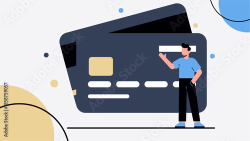 Corporate Banking Illustration with Professional Standing Beside Large Credit Card