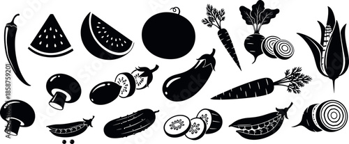Collection of black vegetable and fruit silhouettes including watermelon carrot corn eggplant mushroom peas cucumber and beet icons on white background