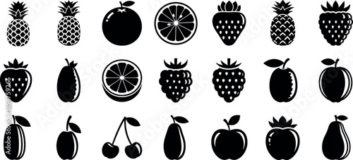 Collection of flat black fruit icons including pineapple strawberry orange cherry apple and berry symbols isolated on a white background
