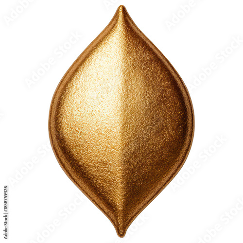 Gold petal shaped ornament with thick smooth geometry and textured metallic surface glowing warmly on transparency background