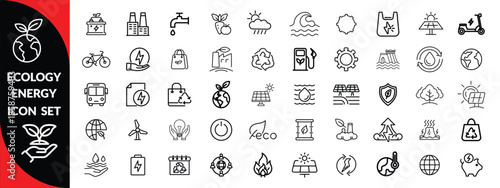 Ecology energy icon set. Containing renewable energy, ecology, green electricity, and more. Editable stroke. Ecology Big Icon Set.