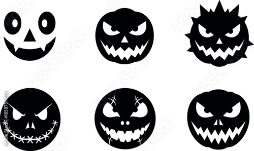 Halloween Jack O Lantern Faces Vector Set with Spooky Pumpkin Carving Stencil Outlines for Scary October Holiday Party Graphic Design Elements