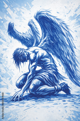 Blue Monochrome Vector Illustration of a Kneeling Angel with Large Feathered Wings; Dramatic Sketch Art of a Fallen Mythological Figure in a Stylized Manga Aesthetic for Fantasy Design and Posters.