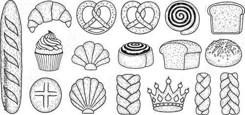 Hand Drawn Bakery Vector Collection Featuring Bread Baguette Croissant Pretzel Cinnamon Roll Cupcake Braid And Pastry Sketches On White Background