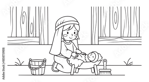 Virgin Mary with baby Jesus in manger under star — ideal for kids coloring pages, Christmas nativity, religious education and holiday tradition content.