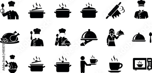 Professional Kitchen Icon Set Featuring Chefs Cooking Catering Service Staff Restaurant Equipment Food Preparation Symbols Microwave Oven Coffee And Steaming Pots
