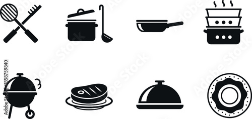 Professional Kitchen Icon Set Featuring Cooking Pots Frying Pan Steamer Grill Grated Steak Cloche Platter and Utensils for Gastronomy Graphic Design