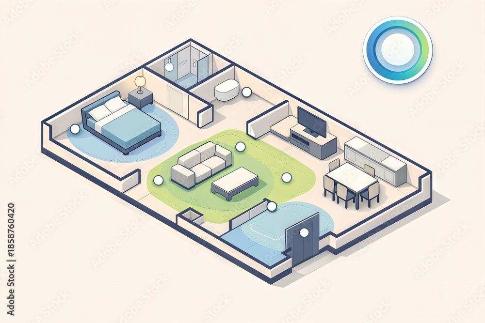 Fototapeta premium Elegant isometric interior design layout showcasing functionality and modern aesthetics emphasizing spatial organization and contemporary lifestyle elements