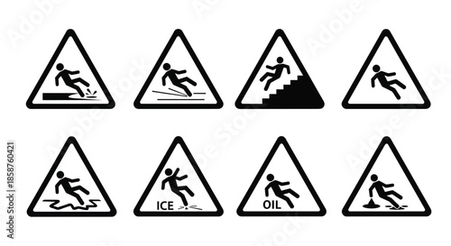 Warning signs depicting people slipping on various hazardous surfaces