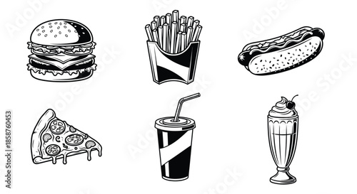 A collection of fast food items including burgers fries pizza and drinks
