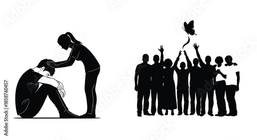 Silhouette scene depicting comfort grief and a celebration with butterfly imagery