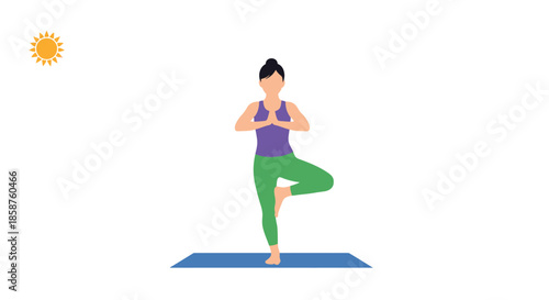 Woman performing tree pose yoga on a mat with sun illustration
