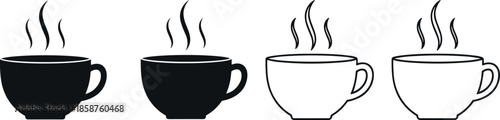 Vector set of coffee cup icons with steam silhouettes and outlines isolated on white background for cafe branding and design.