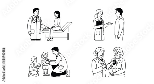 Medical professionals interacting with patients in a clinical setting illustration