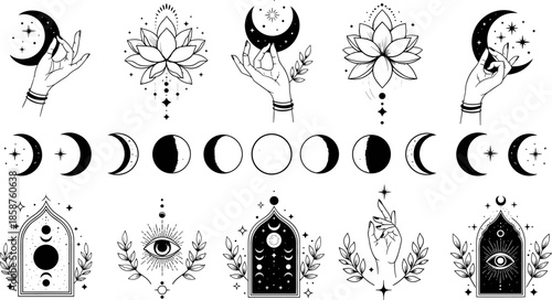 Mystical celestial illustration with moon phases, symbolic hands, radiant eyes, stars, spiritual motifs, astrology elements, decorative occult design