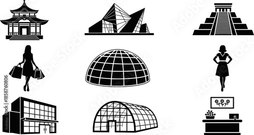 Black silhouette icons of global architecture and lifestyle scenes, pagoda, pyramid, dome, greenhouse, shopping figures, cultural and modern buildings