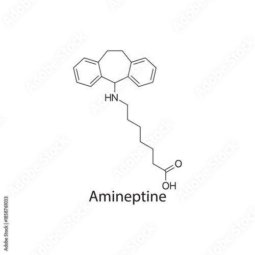 Amineptine molecule chemical structure – atypical tricyclic antidepressant drug affecting dopamine reuptake, skeletal formula illustration