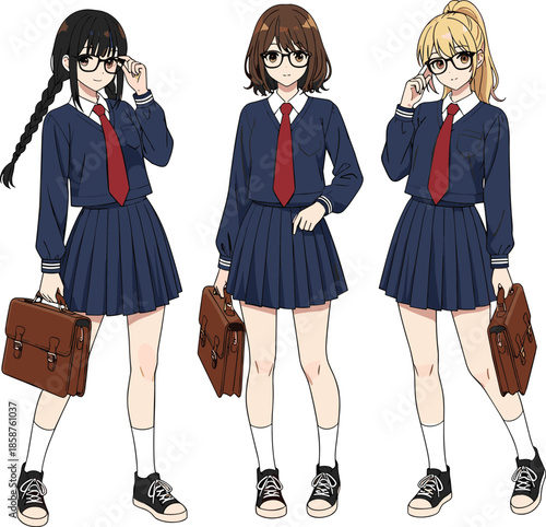 Anime school girls illustration, student uniform characters, cute manga style art, fashionable students, glasses wearing anime girls, school bag design