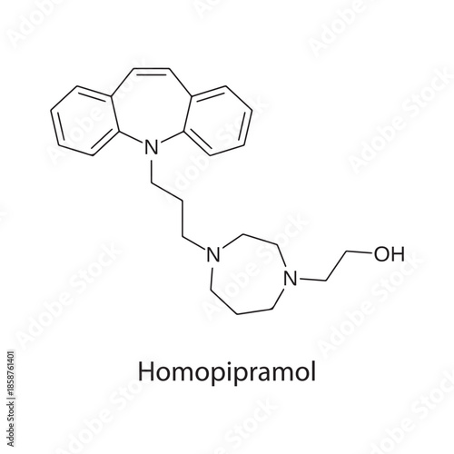 Homopipramol molecule chemical structure – tricyclic antidepressant and anxiolytic drug used for anxiety and mood disorders, skeletal formula on white background