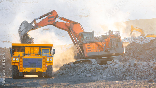 Heavy machinery in open coal mine during, sunlight