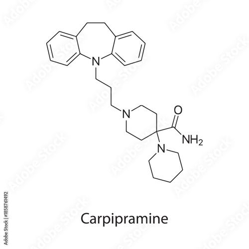 Carpipramine molecule chemical structure – tricyclic antidepressant drug with antipsychotic properties used for depression, skeletal formula on white background