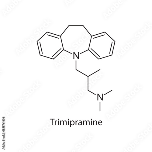 Trimipramine molecule chemical structure – tricyclic antidepressant drug used for depression and insomnia, skeletal formula on white background