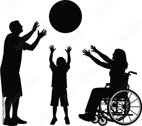 Inclusive family silhouette playing ball together, wheelchair accessibility, parent and child bonding, equality, support, diversity, and joyful active lifestyle concept