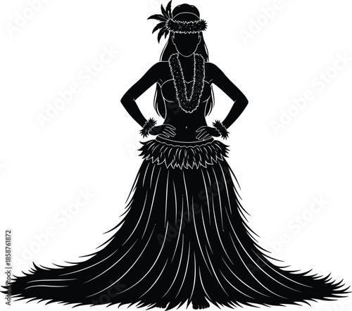 Black and white Hawaiian hula dancer silhouette, traditional Polynesian woman wearing grass skirt and lei, tropical island culture vector, exotic dance illustration.