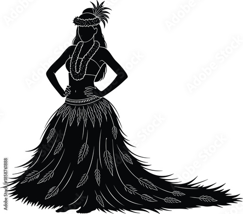 Black and white hula dancer silhouette vector illustration with traditional grass skirt and lei, Hawaiian female performer isolated on white background, tropical.